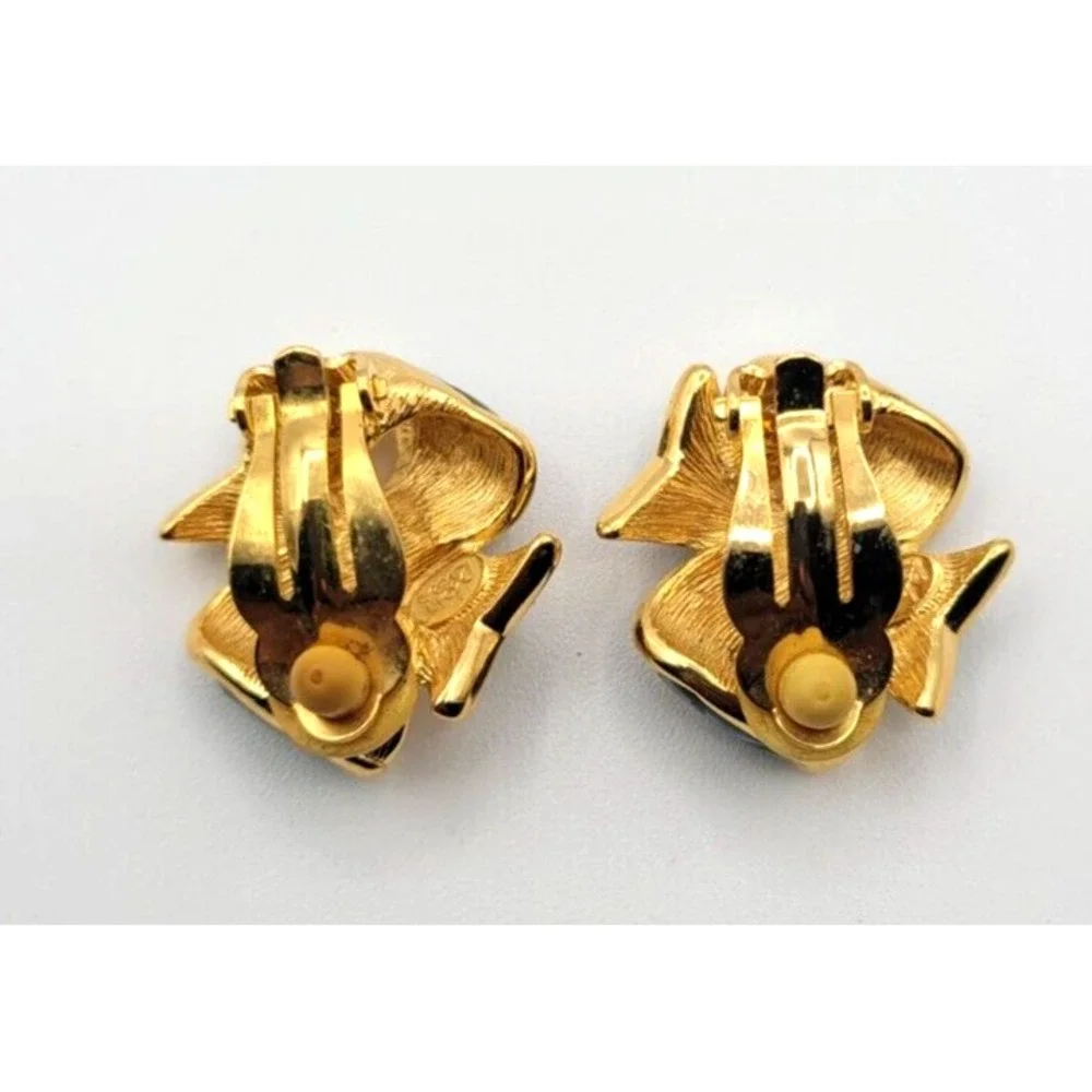 JOAN RIVERS ENAMEL SWAROVSKI CRYSTAL GREEN BLACK BOW CLIP EARRINGS‎ SIGNED VTG